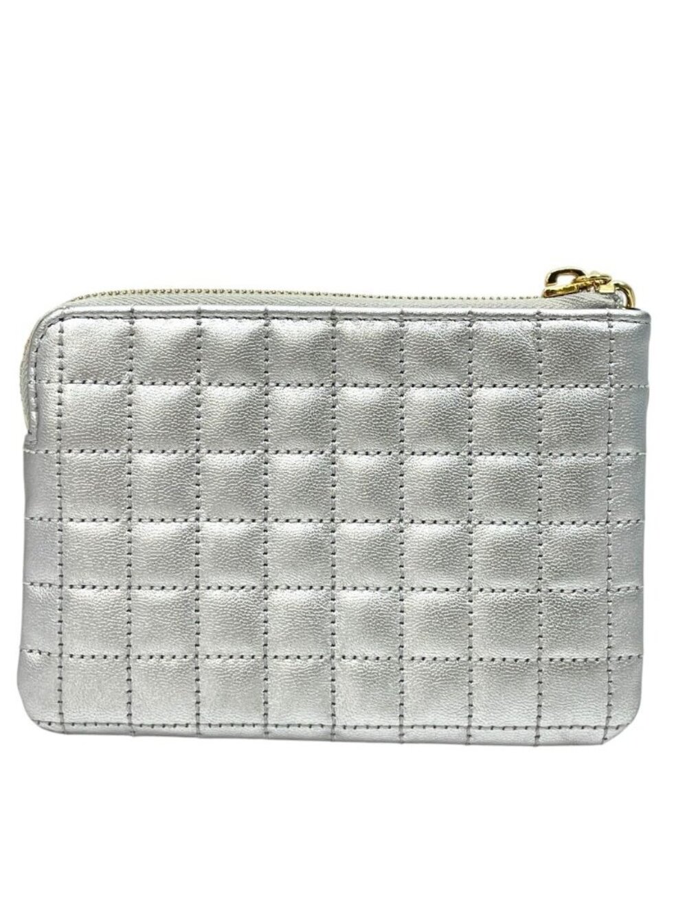Celine C Charm Coin Purse Card Case Mini Pouch Quilted Leather Silver Simple - Picture 2 of 9